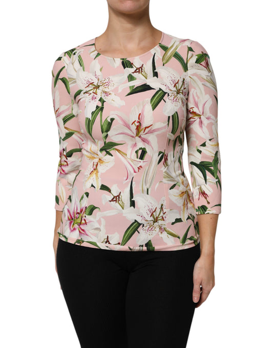 Pink Lily Print Viscose Round Neck Blouse Top