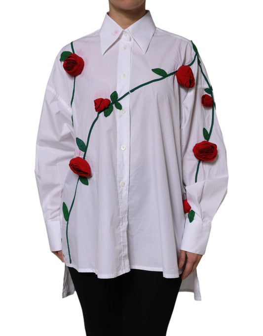 White Cotton Floral Appliques Dress Shirt Top