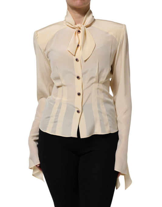 Light Yellow Silk Ascot Collared Blouse Top