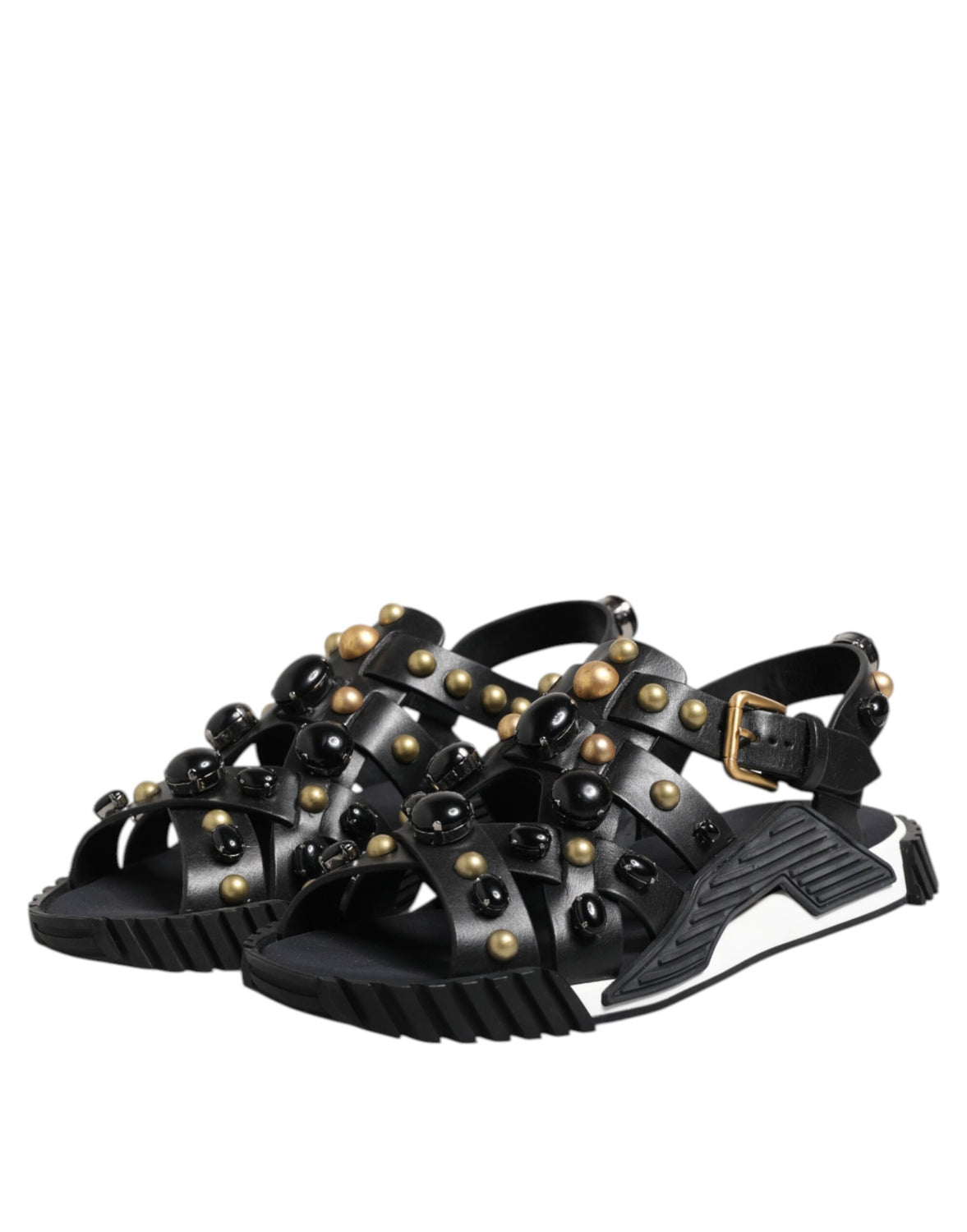 Black Leather Studded Ankle Strap Sandals Shoes