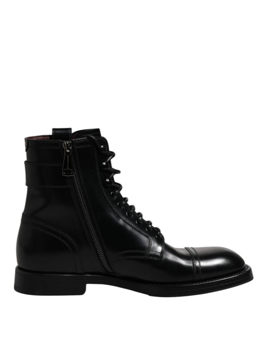 Black Leather Mid Calf Boots Lace Up Shoes