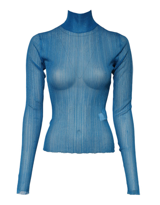 Blue See Through Turtleneck Long Sleeves Top