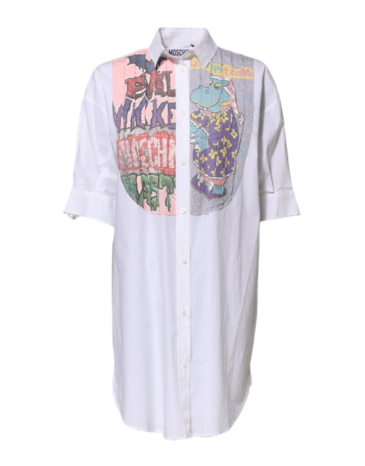 White Printed Collared Button Mini Shirt Dress