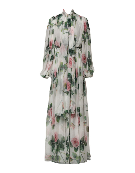 White Floral Roses Silk Maxi Long Gown Dress