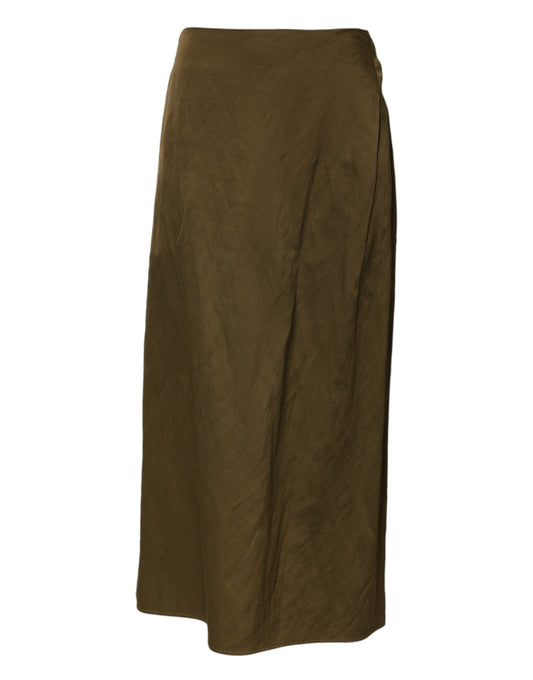 Olive Green Viscose A-line High Waist Midi Skirt