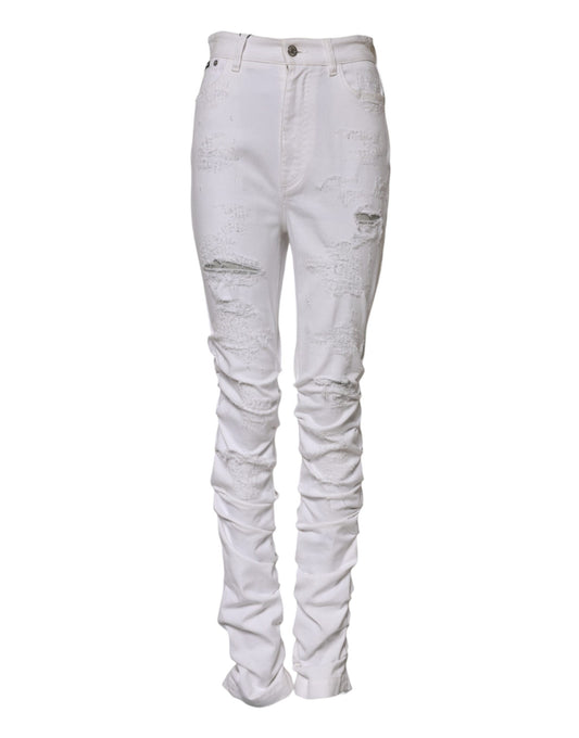 White Tattered Cotton High Waist Denim Jeans