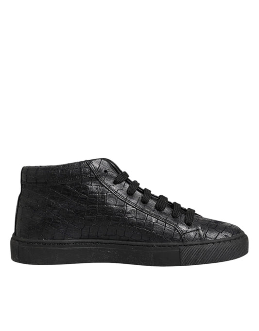 Black Leather Lace Up Mid Top Sneakers Shoes