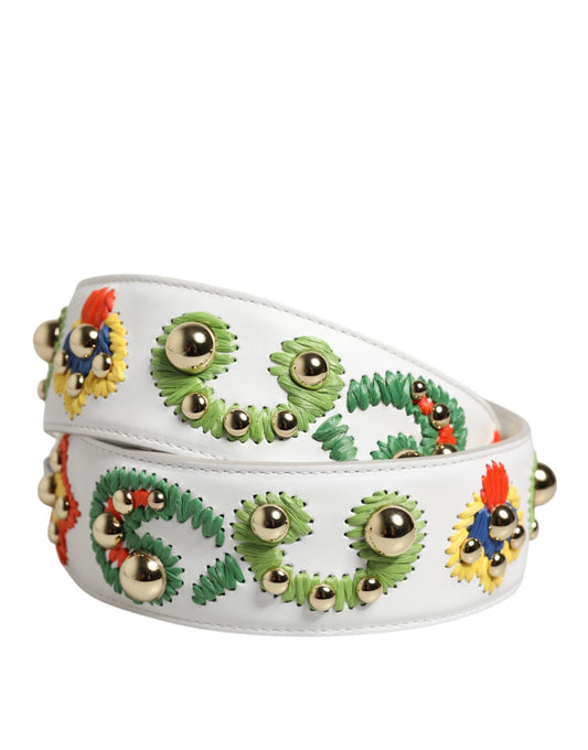 White Calfskin Raffia Embroidered Patchwork Shoulder Strap