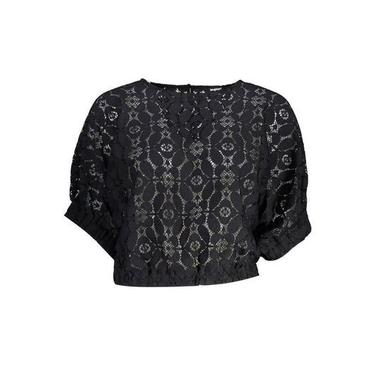 "Black Polyester Women Blouse with Contrasting Elastic Waistband"