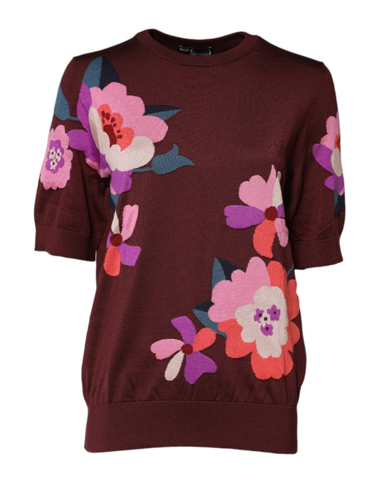 Maroon Floral Silk Crew Neck Blouse Top