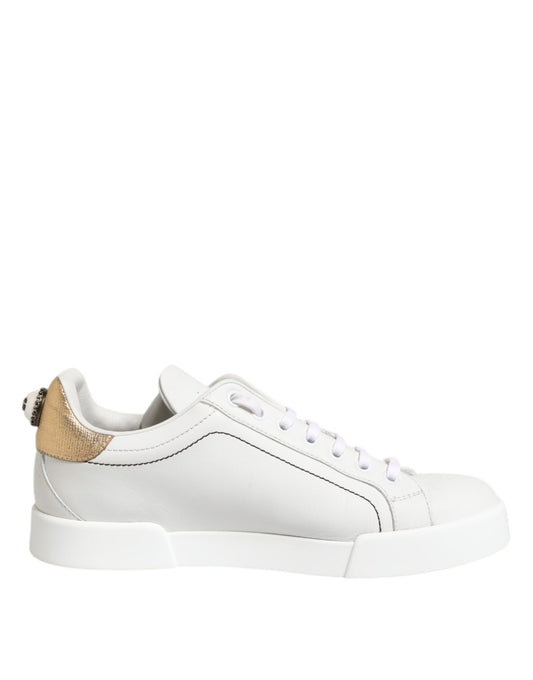 White Gold Leather Low Top Sneakers Shoes
