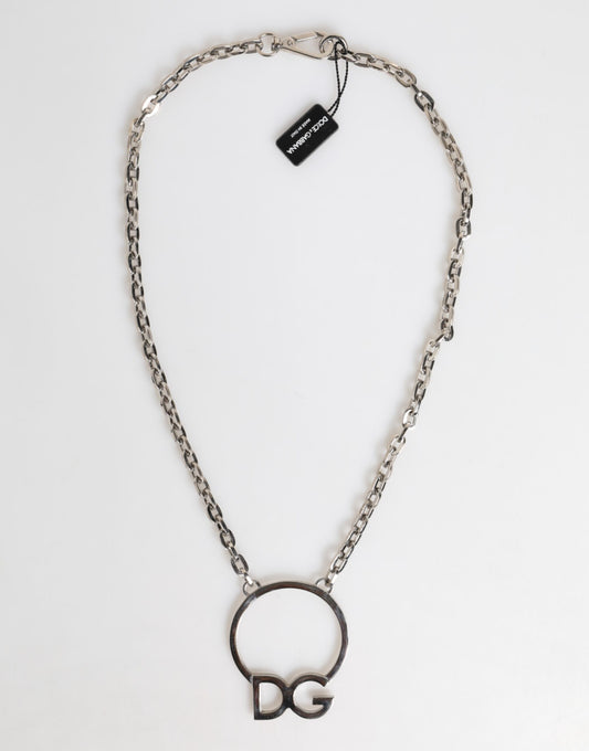Silver Tone Brass Chain DG Logo Pendant Men Necklace