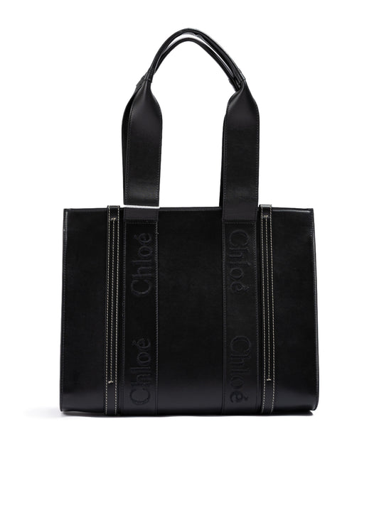 Black Woody Embroidered Logo Leather Medium Tote Bag