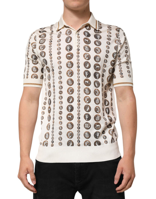 Silk Ivory Coin Print Logo Men Polo T-shirt