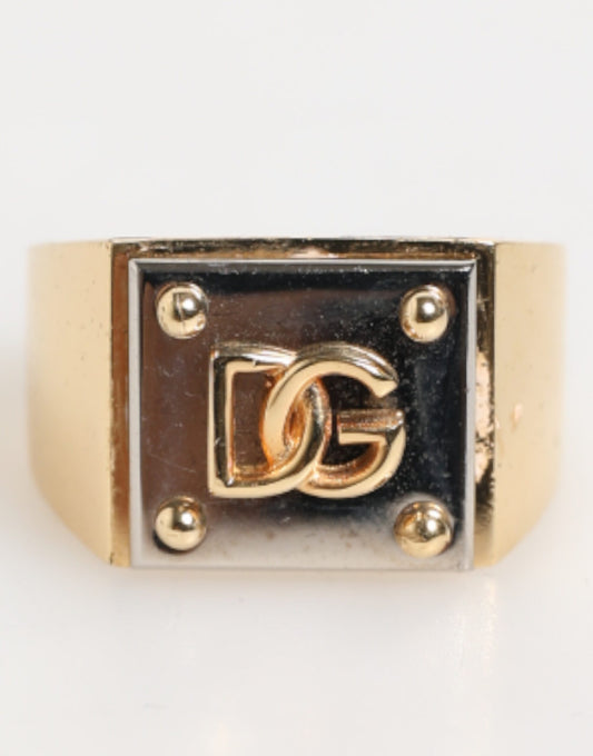 Gold Tone Brass Signet Square DG Logo Plaque Men Ring