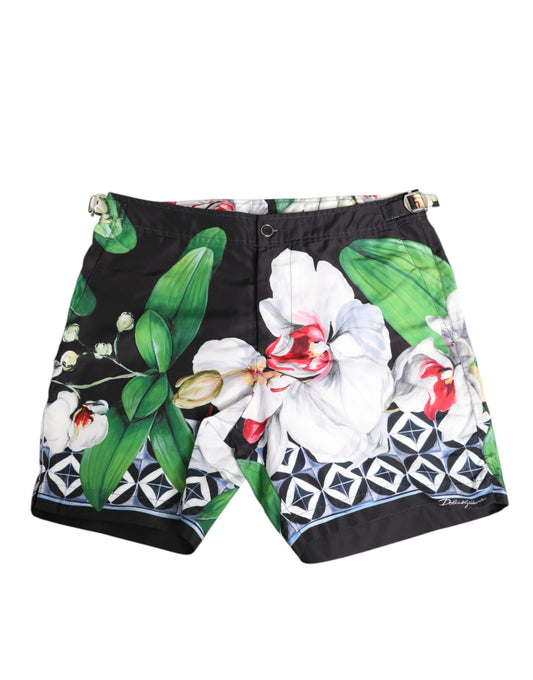 Black White Polyester Floral Orchid Print Shorts