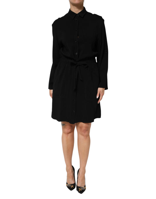 Black Viscose Blend Shirt Style Belted Dress