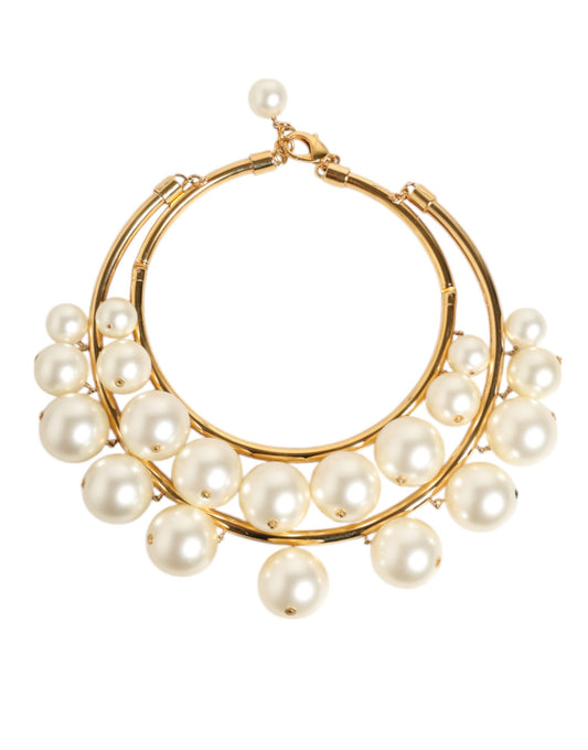 Gold Brass Faux Pearl Crystal Statement Luxury Jewelry Necklace