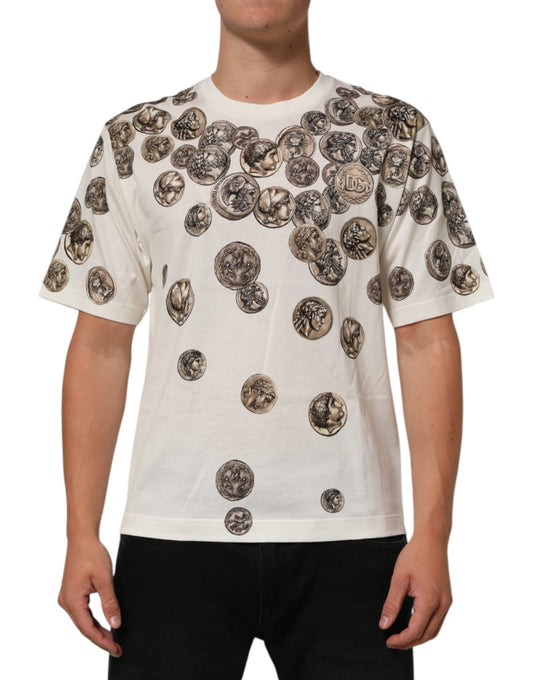 White Coin Print Cotton Crew Neck Men T-shirt