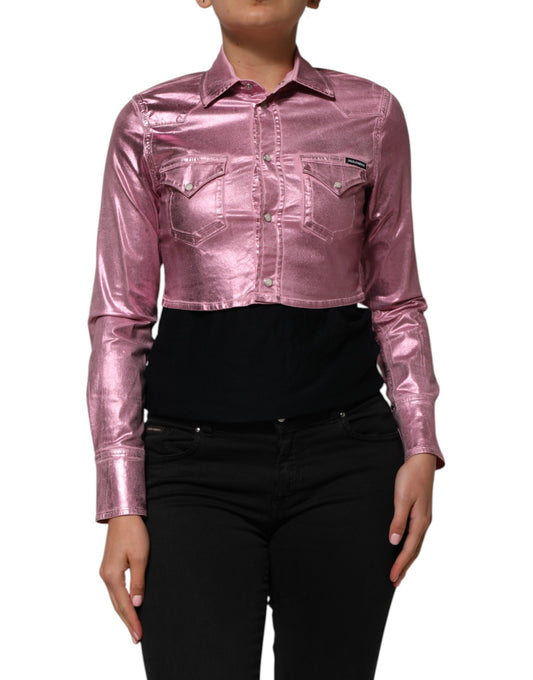 Pink Cotton Stretch Collared Cropped Jacket