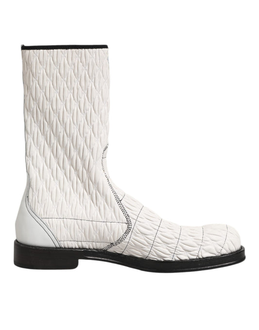 White Lambskin Leather Mid Calf Boots Shoes