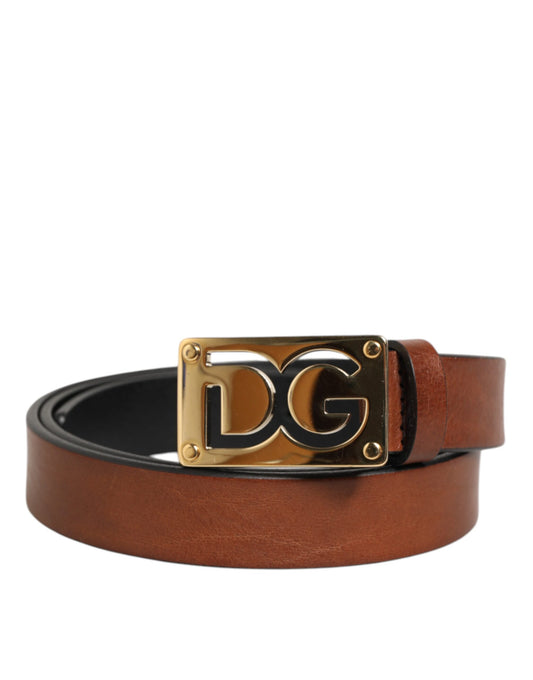 Brown Leather Classic Metal Logo Buckle Belt