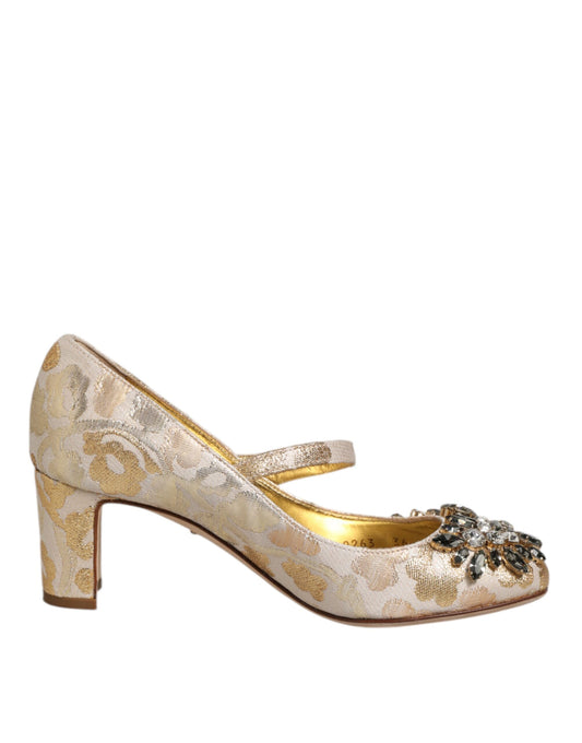 Gold Jacquard Crystal Mary Janes Pumps Shoes
