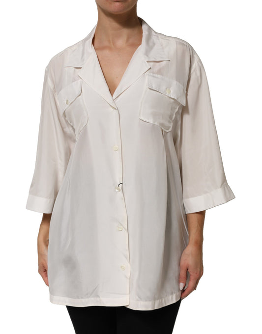 Off White Silk Button Down Polo Shirt Top
