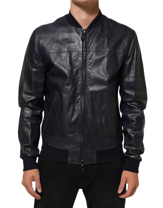 Blue Leather Full Zip Biker Blouson Jacket