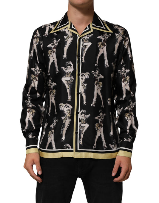 Black Silk Pin Up Printed Button Down Shirt