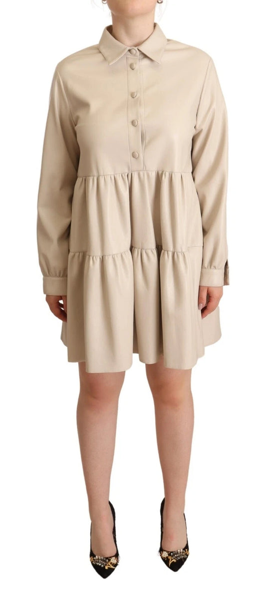 Leather Beige Long Sleeves Collared A-line Mini Dress