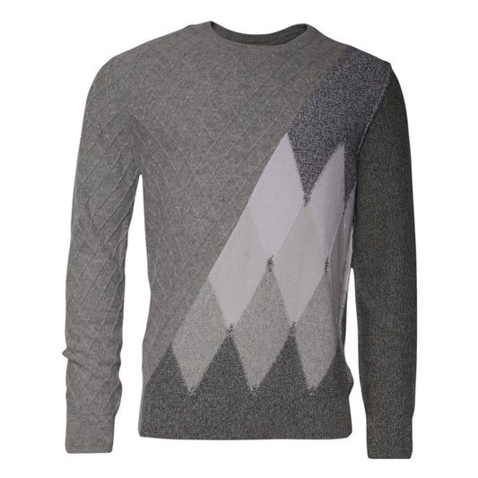 Gray Cashmere Argyle Intarsia Knit Crew Neck Men Sweater