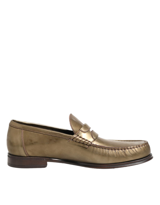 Gold Leather Slip On Dress Men Loafers Shoes