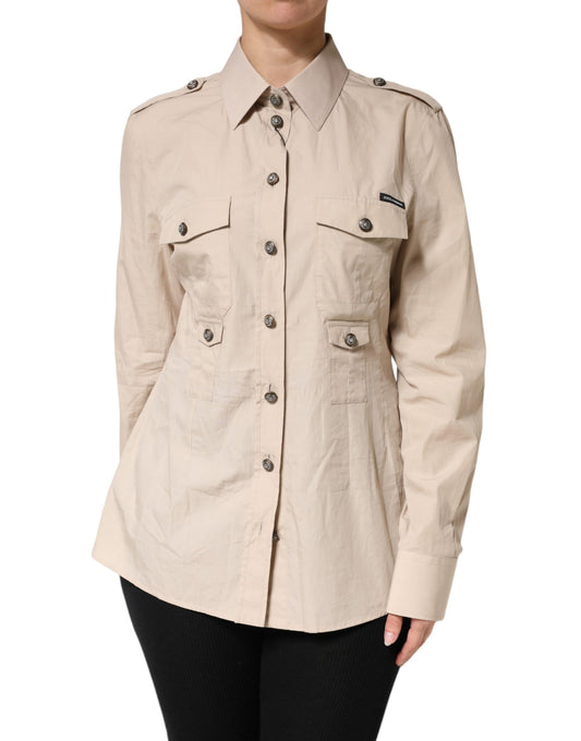 Beige Collared Long Sleeve Cotton Shirt Top