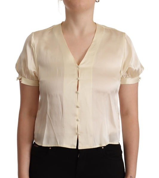 Blouse Off White Silk Short Sleeves V-neck Top