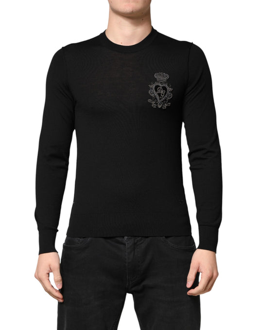 Black Crest Wool Crew Neck Pullover Sweater