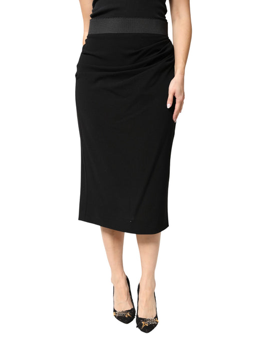 Black Wool High Waist Pencil Cut Midi Skirt