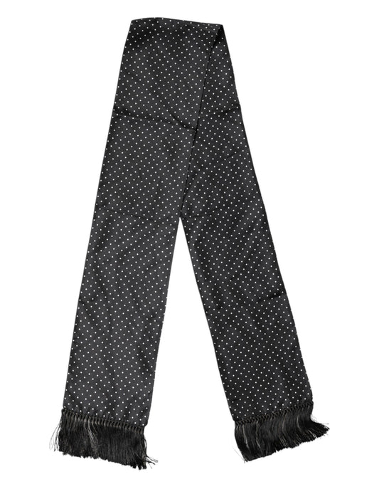 Black Polka Dot Fringes Silk Foulard 139cm x 14.5cm Scarf