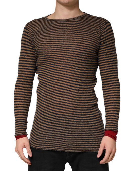 Brown Black Stripes Wool Crew Neck Pullover Sweater