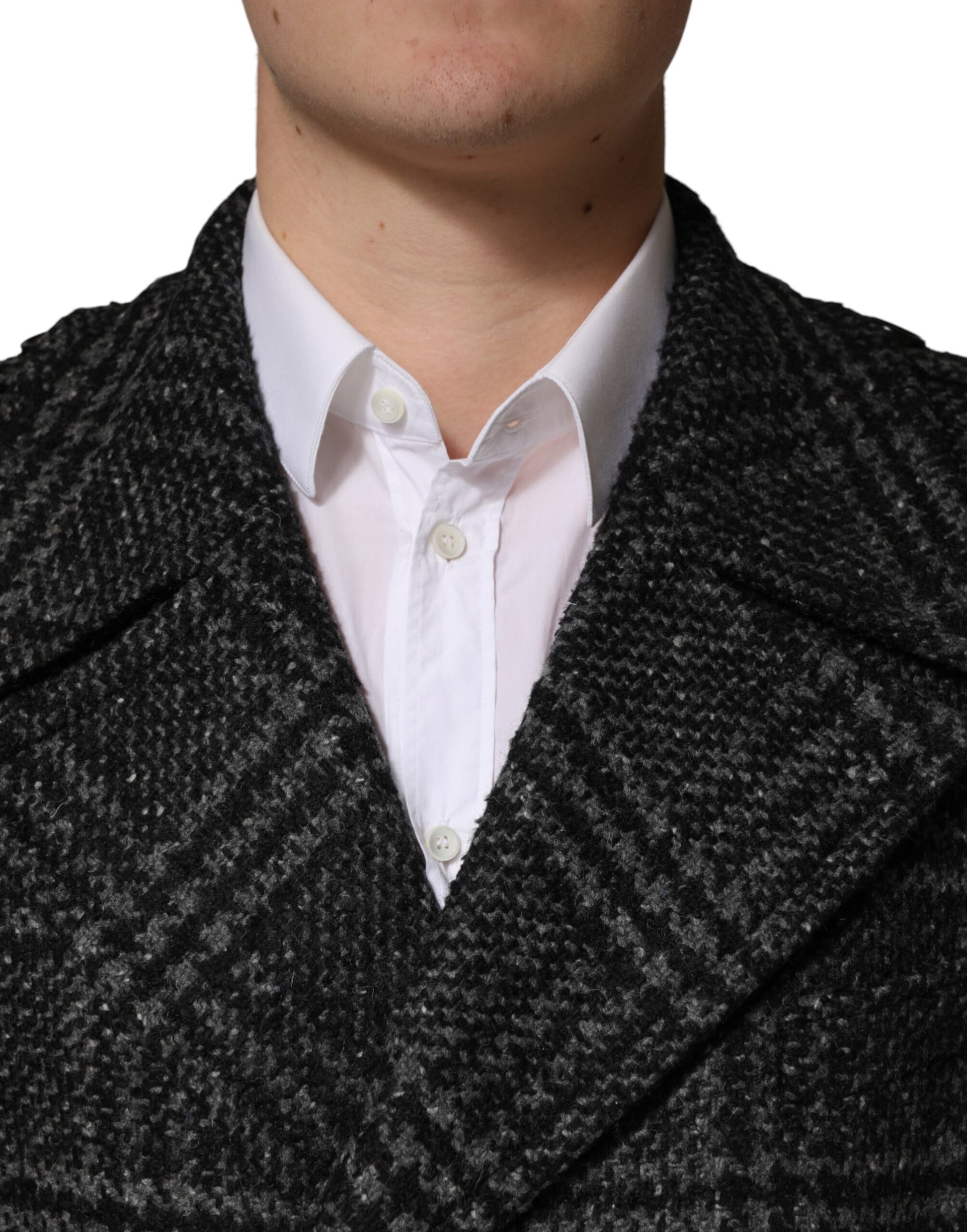 Grey Double Breasted Plaid Wool Coat Jacket