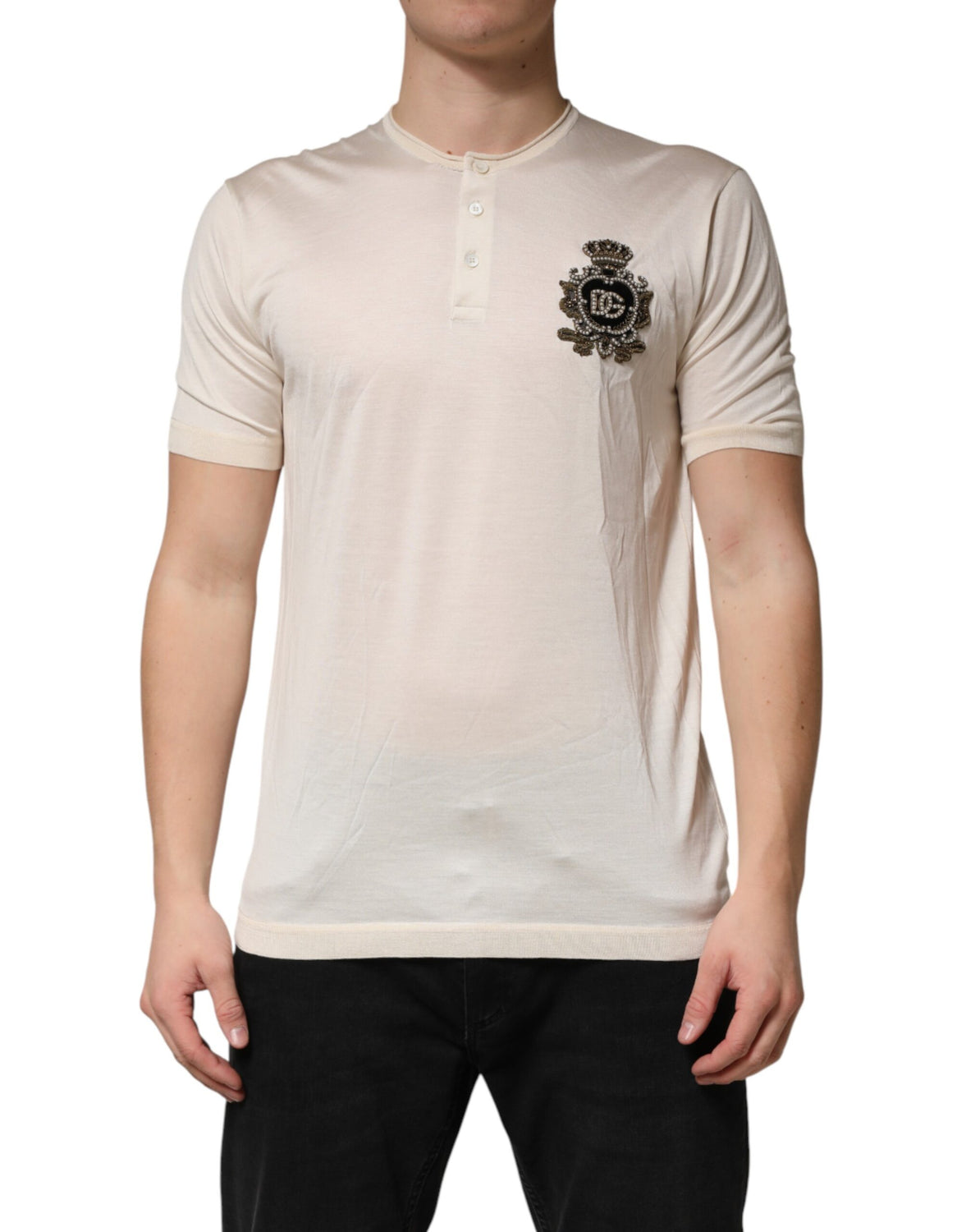 Off White Silk Logo Patch Men Henley T-shirt