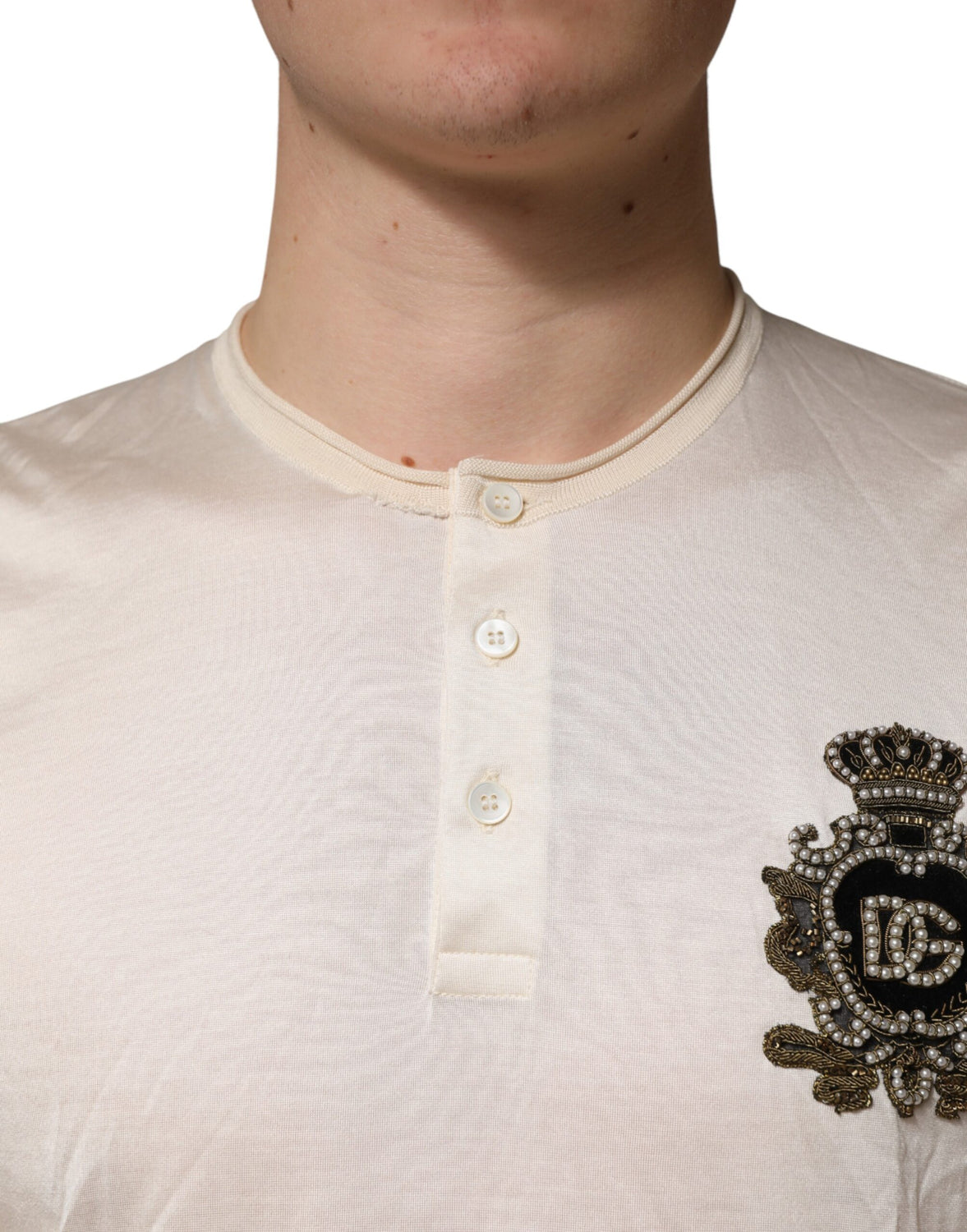 Off White Silk Logo Patch Men Henley T-shirt