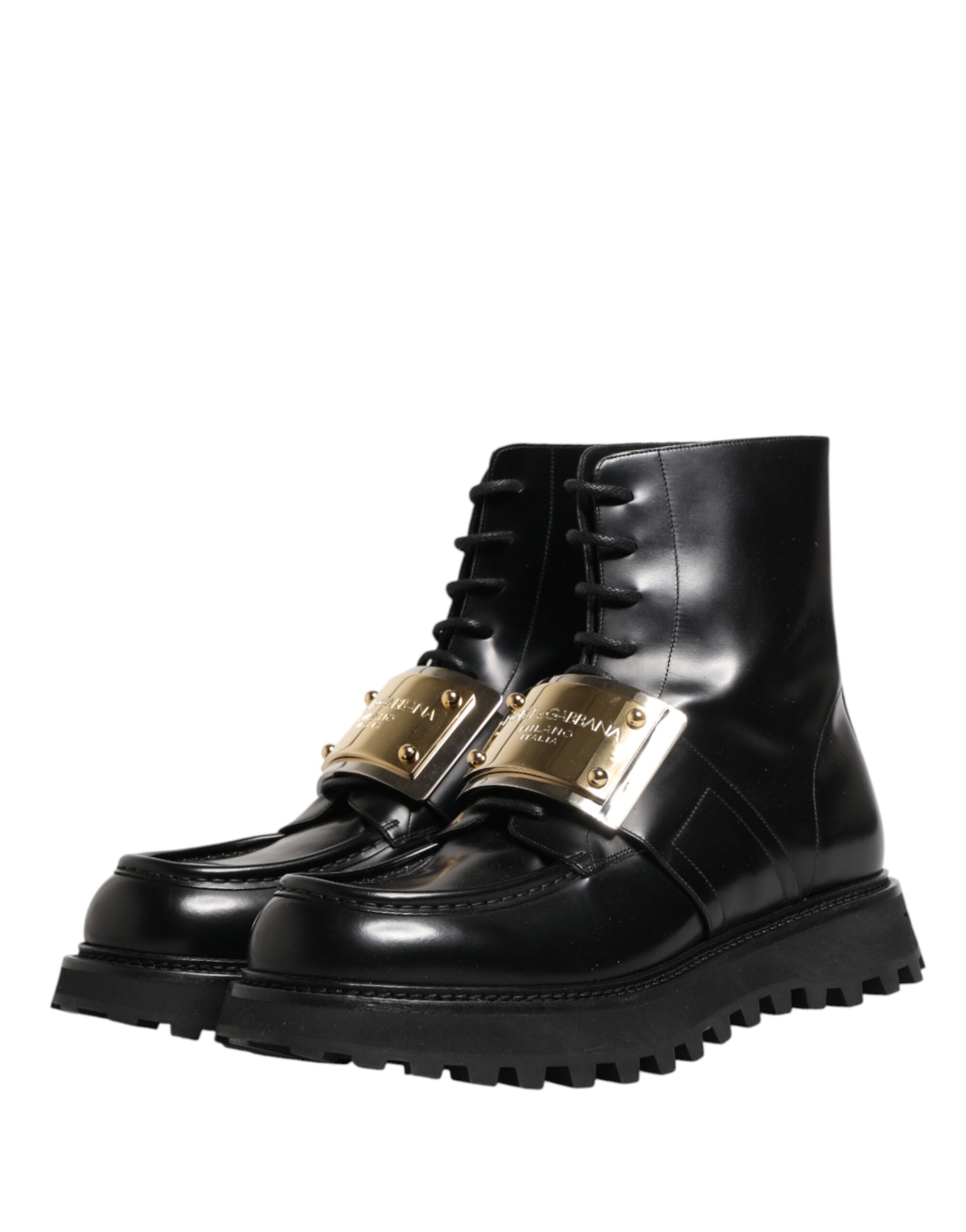 Black Leather DG Plaque Lace Up Boots Shoes