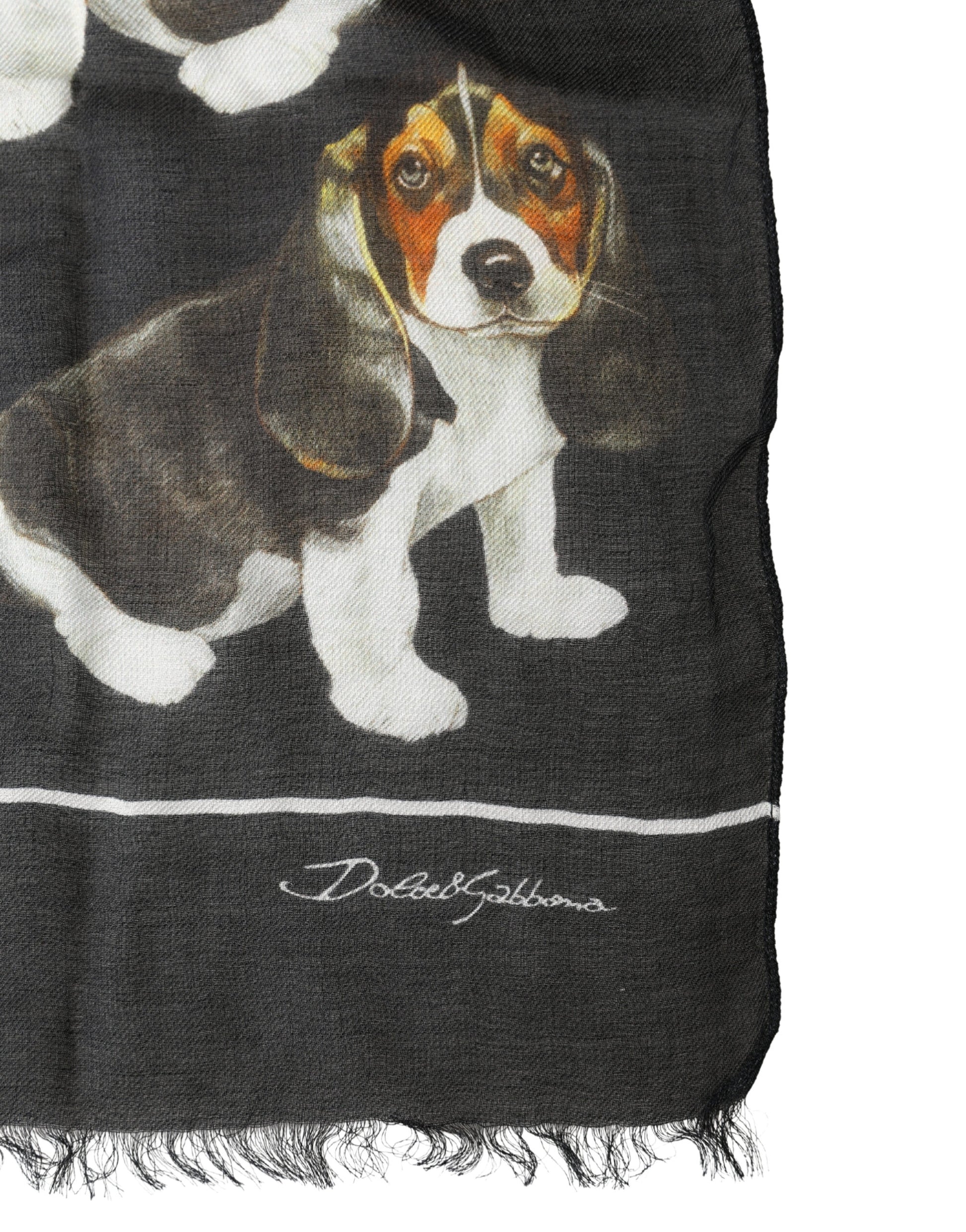 Black Modal Wool Dog Print Fringed 178cm x 64cm Scarf