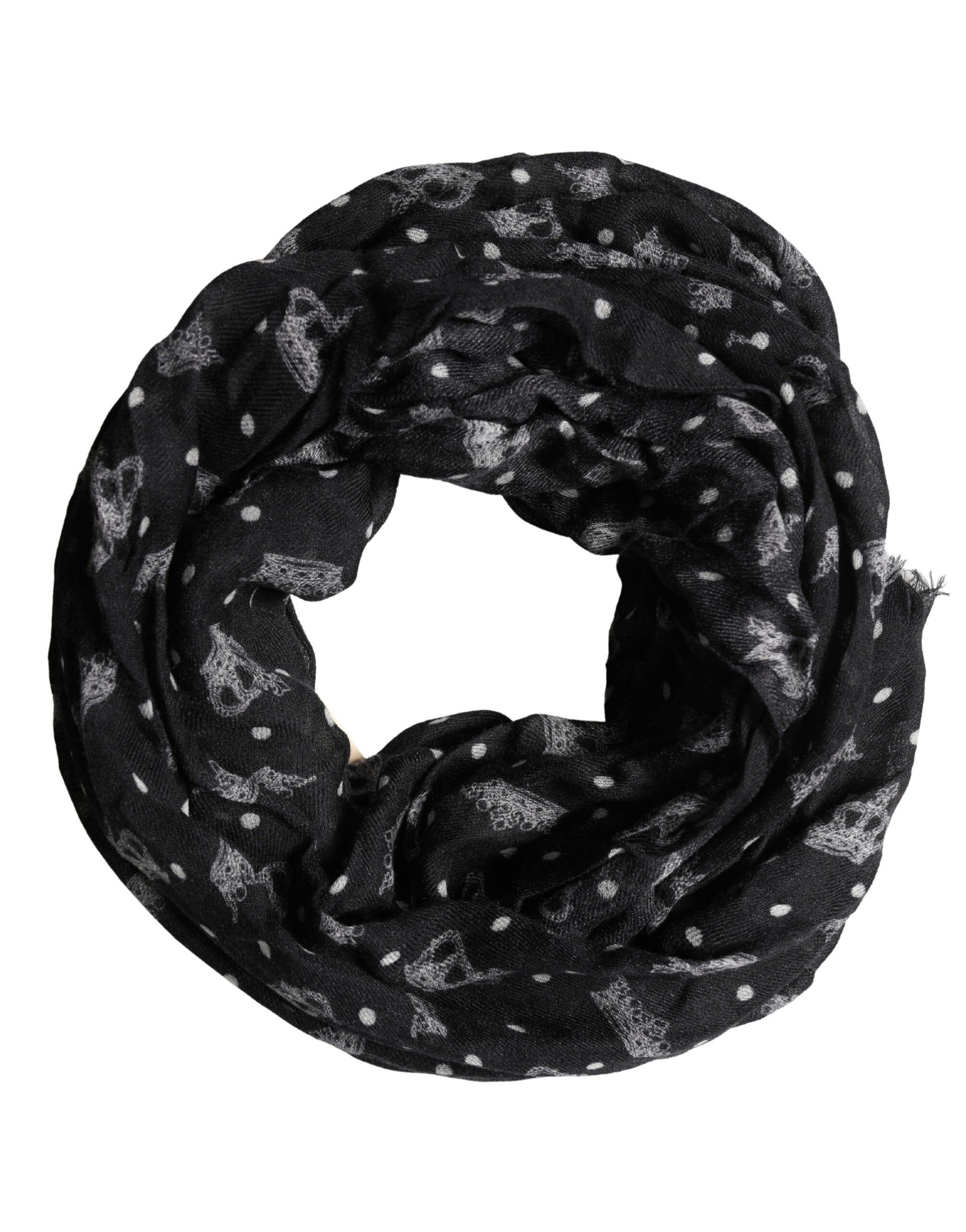 Black Wool Crown Print Fringe Neck Wrap 180cm x 65cm Scarf