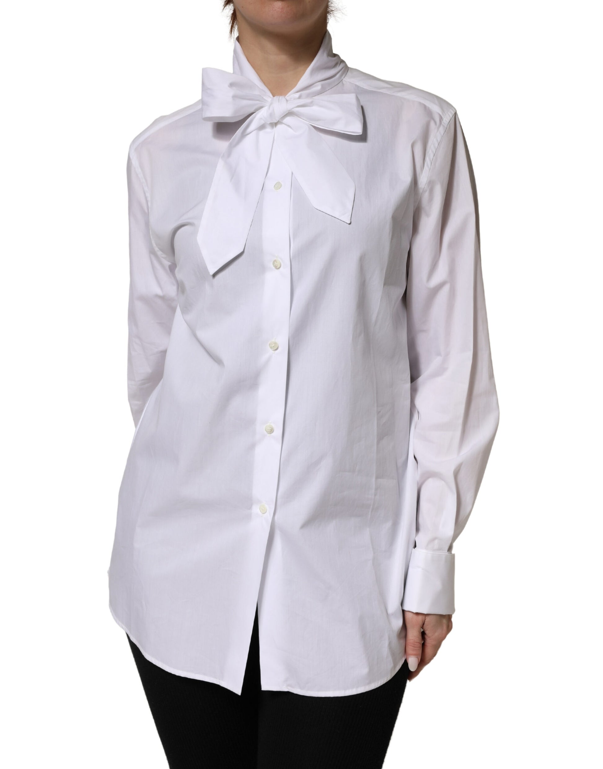 White Cotton Bow Tie Long Sleeves Blouse Top