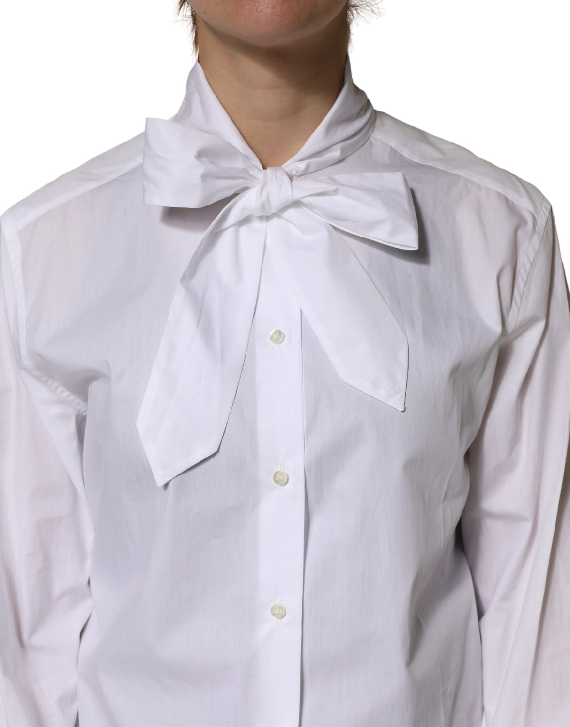 White Cotton Bow Tie Long Sleeves Blouse Top