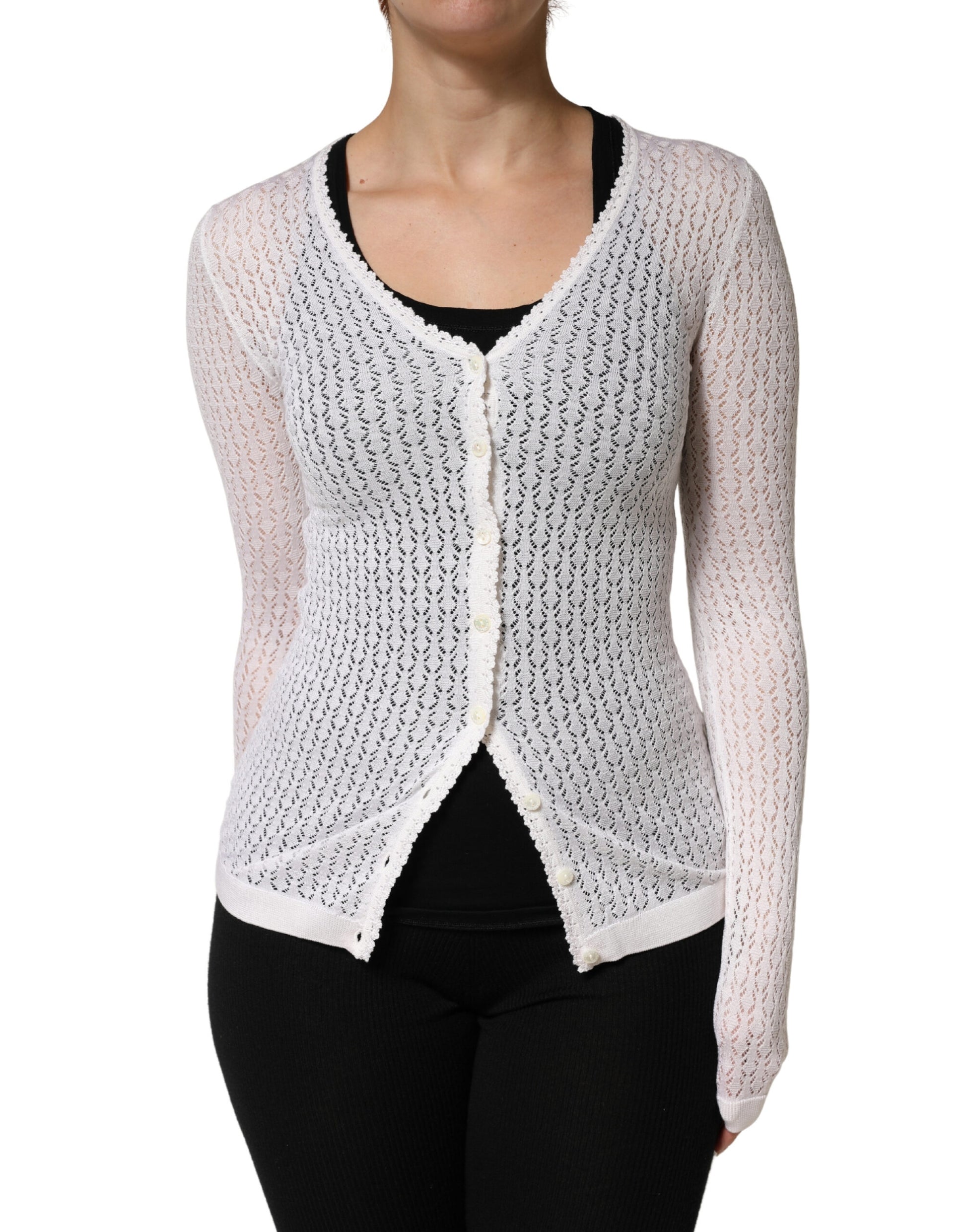 White Lace Silk Knit Long Sleeves Cardigan Top