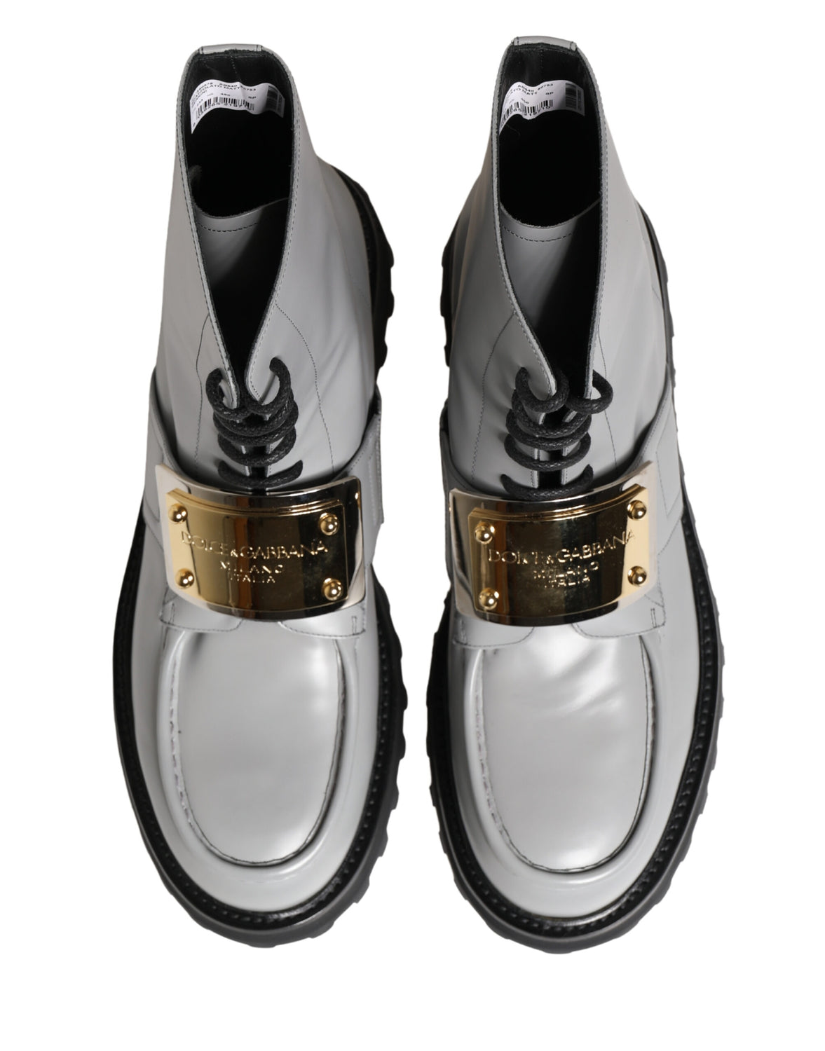 Gray Leather Logo Plaque Ankle Boots Shoes