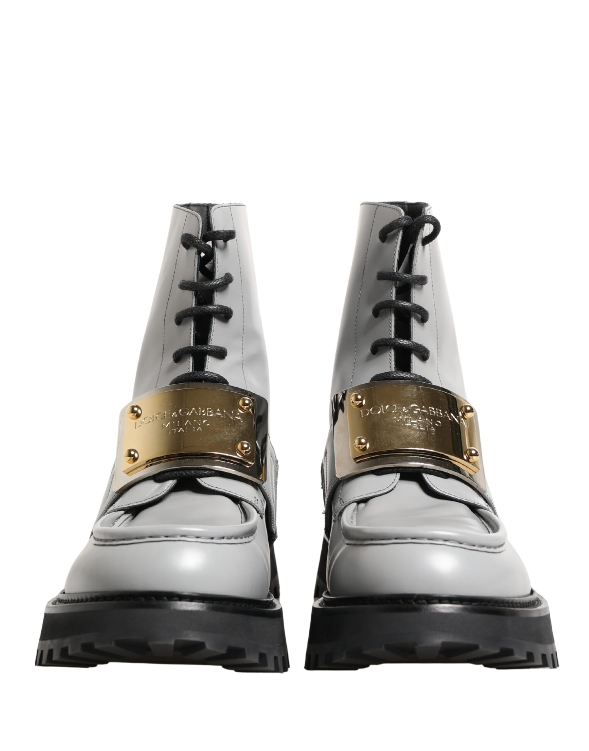 Gray Leather Logo Plaque Ankle Boots Shoes